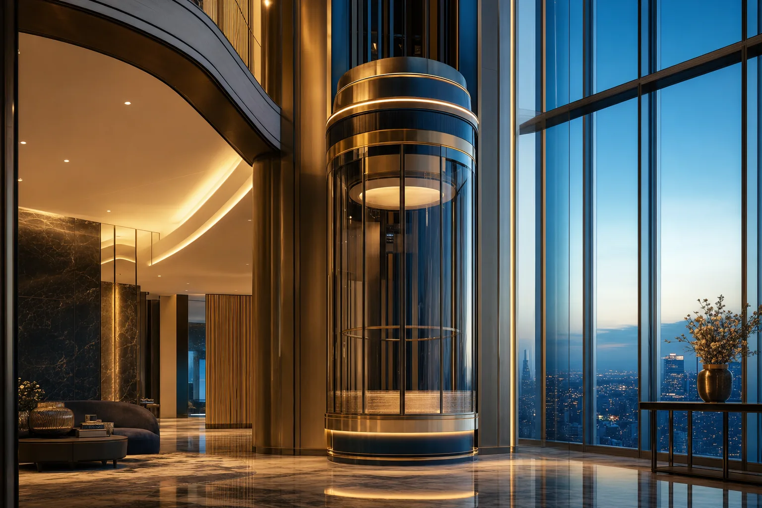 Panoramic glass capsule elevator rising through a luxury high-rise atrium at dusk