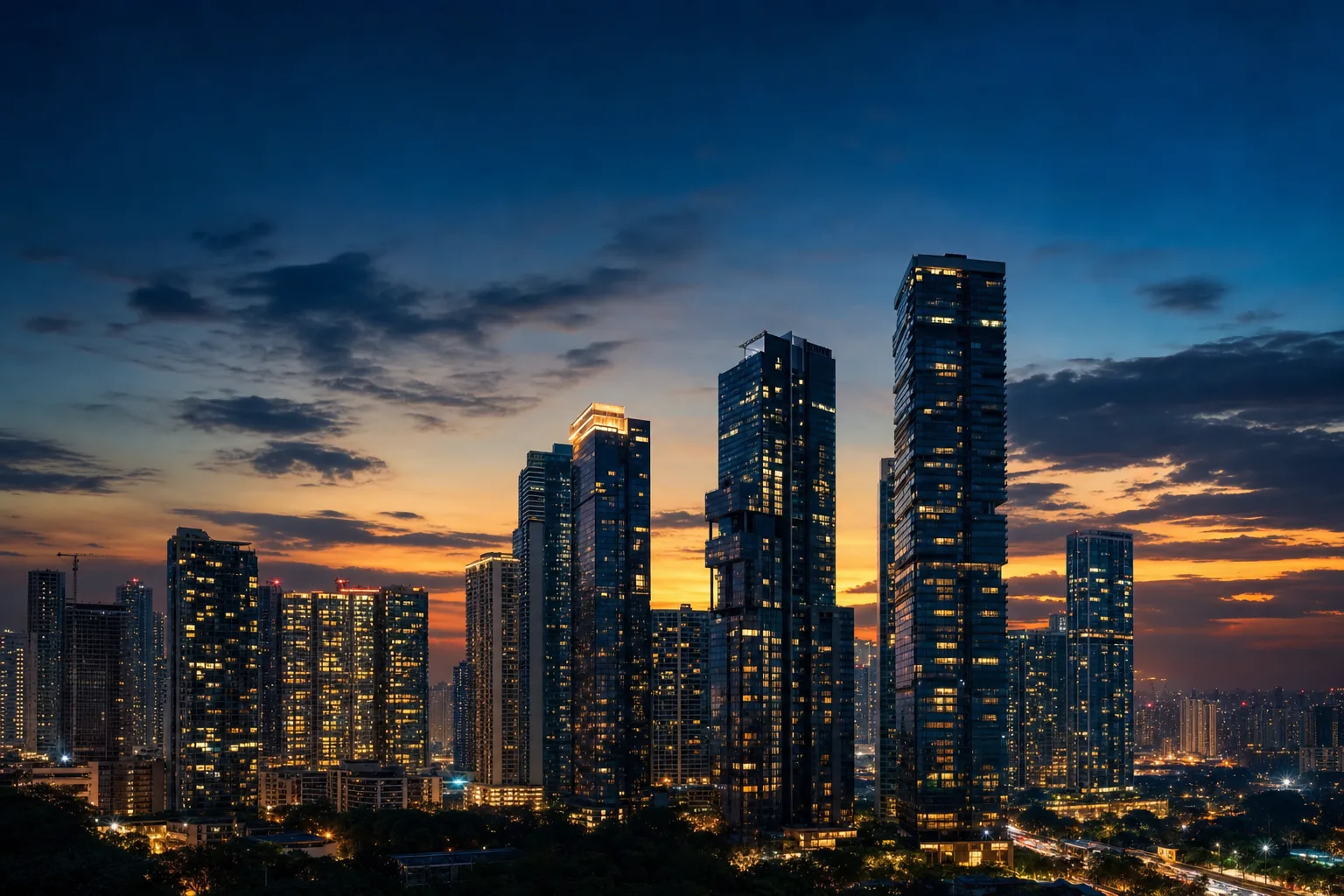 High-rise city skyline at dusk with warm lit windows