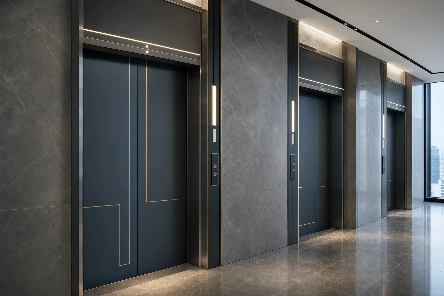 Bank of navy and stainless steel commercial passenger elevator doors in a corporate lobby