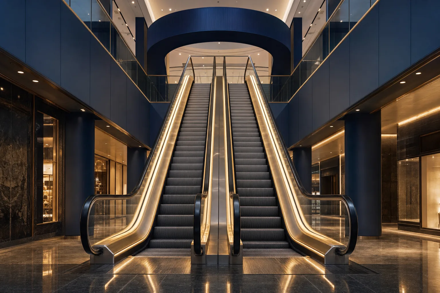 Pair of modern escalators with gold LED skirt lighting in a premium mall atrium