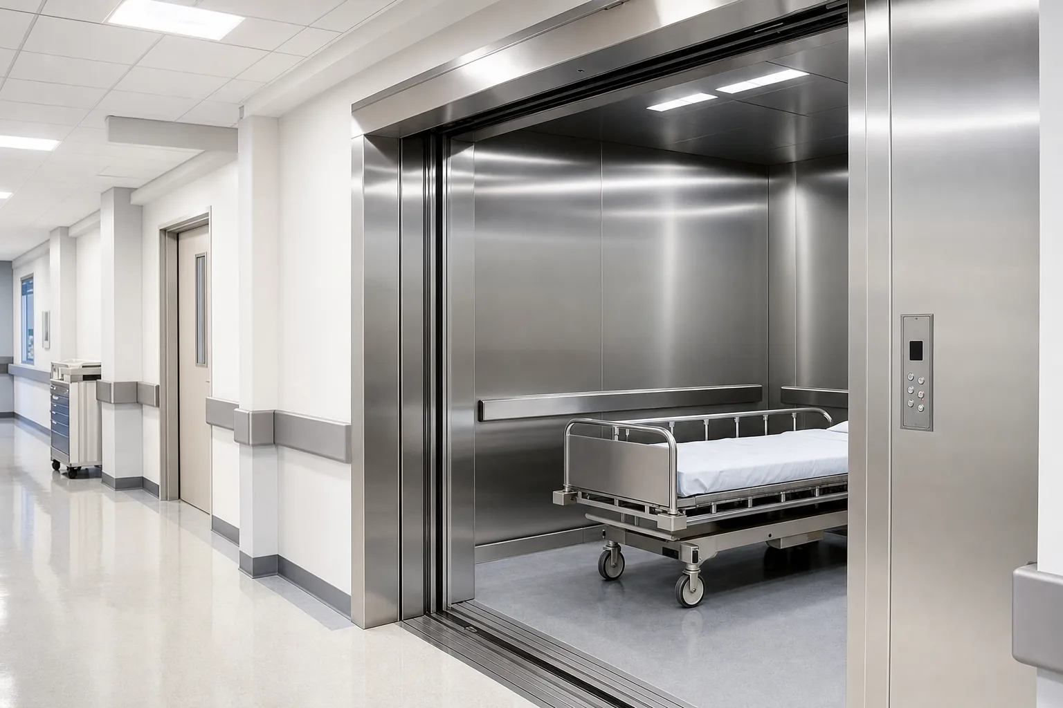 Wide stainless steel hospital bed lift with open doors in a clean hospital corridor