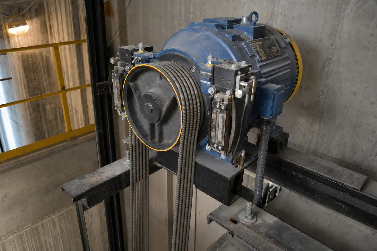 Close-up of a gearless permanent-magnet traction machine with steel ropes inside a machine-room-less shaft head